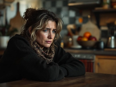 sad woman sitting in the kitchen