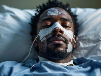 black man in hospital, face covered